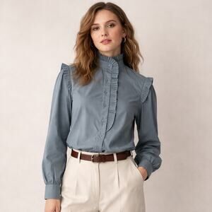 Vintage 80s JH  Collectibles Gray Ruffled Blouse Top M